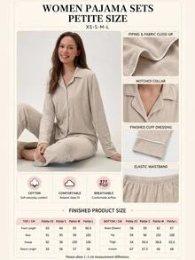 SHEIN طقم بيجامة كلاسيكي بأزرار أمامية مقاس صغير – ملابس علوية ناعم بأكمام طويلة وبنطلون مريح بساق مستقيمة ملابس منزلية - بيج - مشاهدة 3