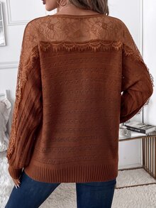 Reflora Women's Lace Trim Patchwork Pullover Long Sleeve Sweater - Orange - View 2
