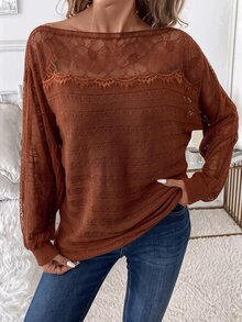Reflora Women's Lace Trim Patchwork Pullover Long Sleeve Sweater - Orange - View 3