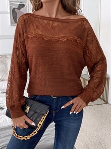 Reflora Women's Lace Trim Patchwork Pullover Long Sleeve Sweater - Orange - View 1