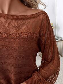 Reflora Women's Lace Trim Patchwork Pullover Long Sleeve Sweater - Orange - View 8