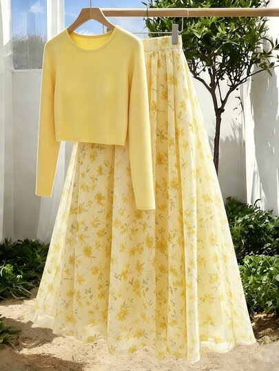 GlowEve Soft Energetic Round Neck Long Sleeve Top And Floral Print Maxi Skirt 2 Pieces Set