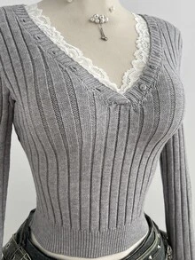 Elamini Women's V-Neck Lace Patchwork Fitted Long Sleeve Button Decor Exquisite Sweet Versatile Autumn/Winter Knit Sweater - Light Grey - View 7