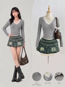 Elamini Women's V-Neck Lace Patchwork Fitted Long Sleeve Button Decor Exquisite Sweet Versatile Autumn/Winter Knit Sweater - Light Grey - View 3