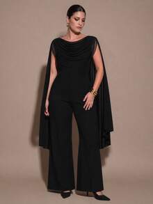 SHEIN BAE CURVE Plus Size Black Long Pants Cowl Neck Jumpsuit - Black - View 5