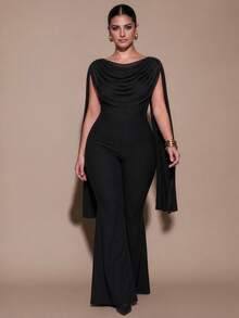 SHEIN BAE CURVE Plus Size Black Long Pants Cowl Neck Jumpsuit - Black - View 1
