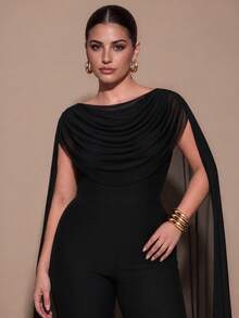 SHEIN BAE CURVE Plus Size Black Long Pants Cowl Neck Jumpsuit - Black - View 3