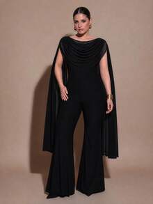 SHEIN BAE CURVE Plus Size Black Long Pants Cowl Neck Jumpsuit - Black - View 4