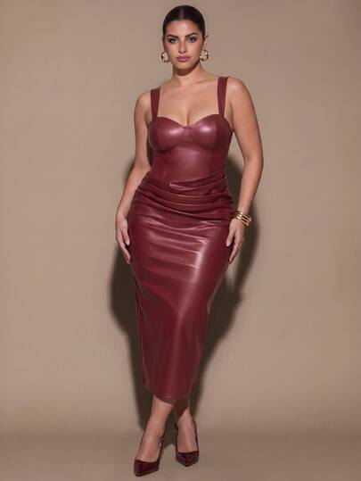 SHEIN BAE CURVE Plus Size Women's Elegant Women's Plus-Size Burgundy Stretch PU Midi Dress Featuring Ruched Details-Perfect For Social Gatherings Or Halloween.
