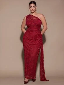 SHEIN BAE CURVE Gaun Bahu Asimetris Merah Berenda Ukuran Besar - Burgundy - View 7