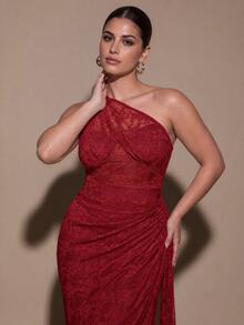 SHEIN BAE CURVE Gaun Bahu Asimetris Merah Berenda Ukuran Besar - Burgundy - View 4