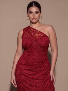 SHEIN BAE CURVE Gaun Bahu Asimetris Merah Berenda Ukuran Besar - Burgundy - View 5