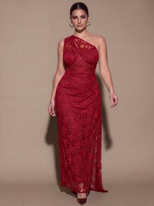 SHEIN BAE CURVE Gaun Bahu Asimetris Merah Berenda Ukuran Besar - Burgundy - View 6