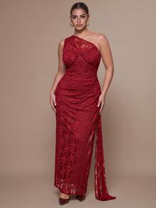 SHEIN BAE CURVE Gaun Bahu Asimetris Merah Berenda Ukuran Besar - Burgundy - View 1