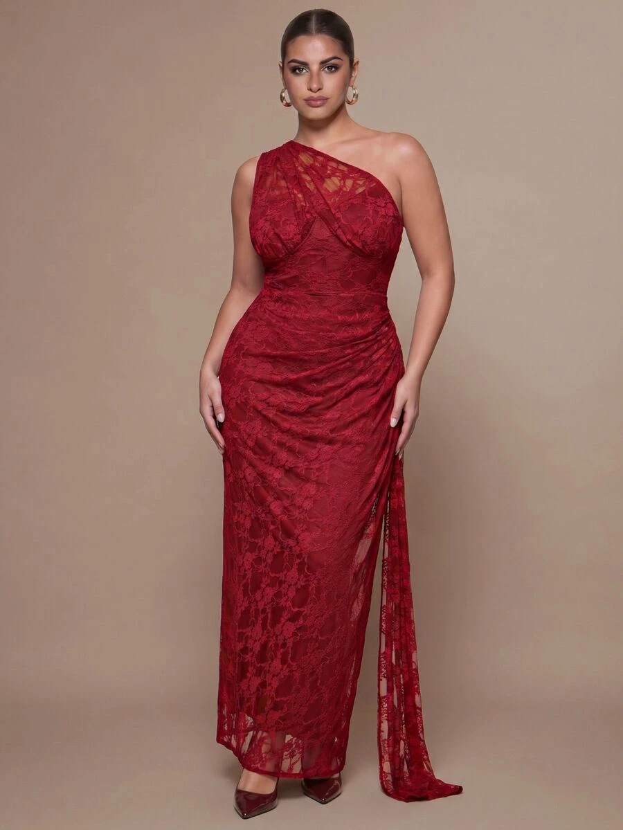 SHEIN BAE CURVE Gaun Bahu Asimetris Merah Berenda Ukuran Besar - Burgundy - View 1