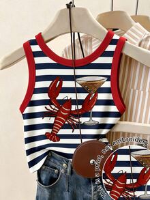 Resyla Women's Colorful Striped & Lobster Print Round Neck Tank Top - Multicolor - View 1