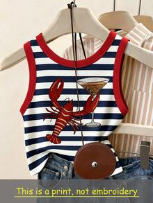 Resyla Women's Colorful Striped & Lobster Print Round Neck Tank Top - Multicolor - View 4