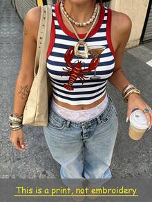 Resyla Women's Colorful Striped & Lobster Print Round Neck Tank Top - Multicolor - View 3