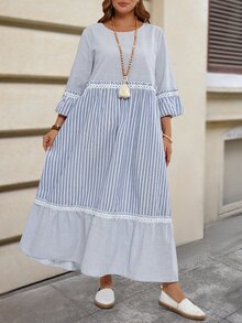 EMERY ROSE 大尺碼女款藍白條紋圓領喇叭袖荷葉邊寬鬆長版休閒洋裝，夏季波西米亞度假風 - 淺藍色 - 查看 4