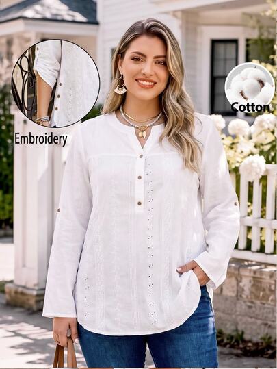 Rosumi Plus Size Women's Autumn/Winter Casual Traditional Vacation Country Solid Allover White Long Sleeve Button-Up Embroidered Patchwork Blouse Shirt Top