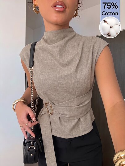 Aloruh Khaki Short Sleeve Shirt, Elegant Business Commute Minimalist Vintage Style Formal Shirt, Office Wear  95% Cotton Shirt