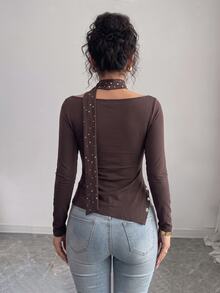 Linhara CURVE Plus Size Maillard Brown Sexy Cold Shoulder Top With Rhinestone Ribbon Scarf, Elastic Slim Fit Slit Long Sleeve Base Layer Fall - Brown - View 2