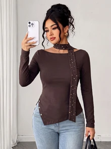 Linhara CURVE Plus Size Maillard Brown Sexy Cold Shoulder Top With Rhinestone Ribbon Scarf, Elastic Slim Fit Slit Long Sleeve Base Layer Fall - Brown - View 4