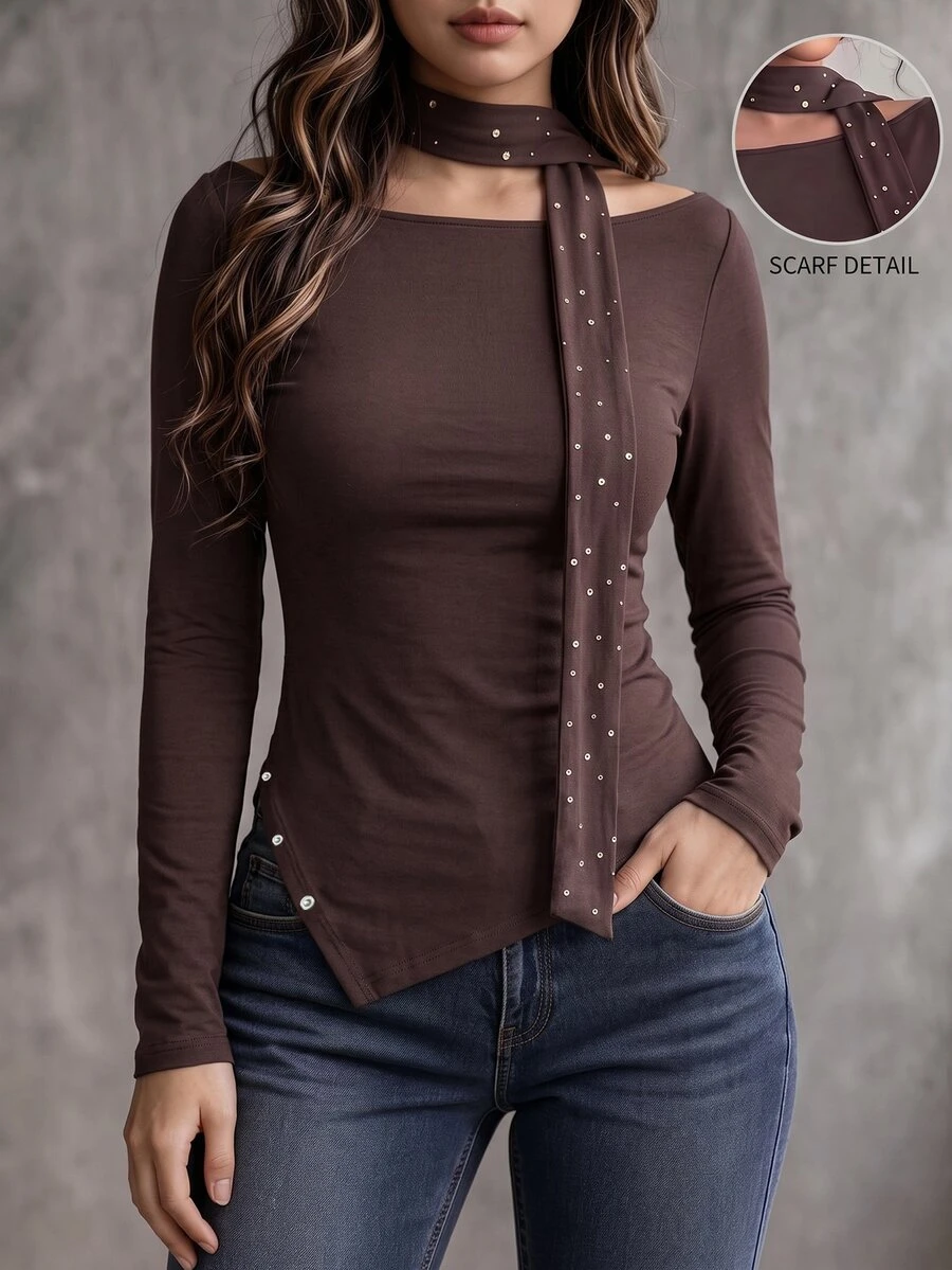 Linhara CURVE Plus Size Maillard Brown Sexy Cold Shoulder Top With Rhinestone Ribbon Scarf, Elastic Slim Fit Slit Long Sleeve Base Layer Fall - Brown - View 1