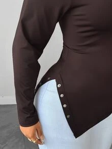 Linhara CURVE Plus Size Maillard Brown Sexy Cold Shoulder Top With Rhinestone Ribbon Scarf, Elastic Slim Fit Slit Long Sleeve Base Layer Fall - Brown - View 5
