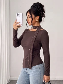 Linhara CURVE Plus Size Maillard Brown Sexy Cold Shoulder Top With Rhinestone Ribbon Scarf, Elastic Slim Fit Slit Long Sleeve Base Layer Fall - Brown - View 3