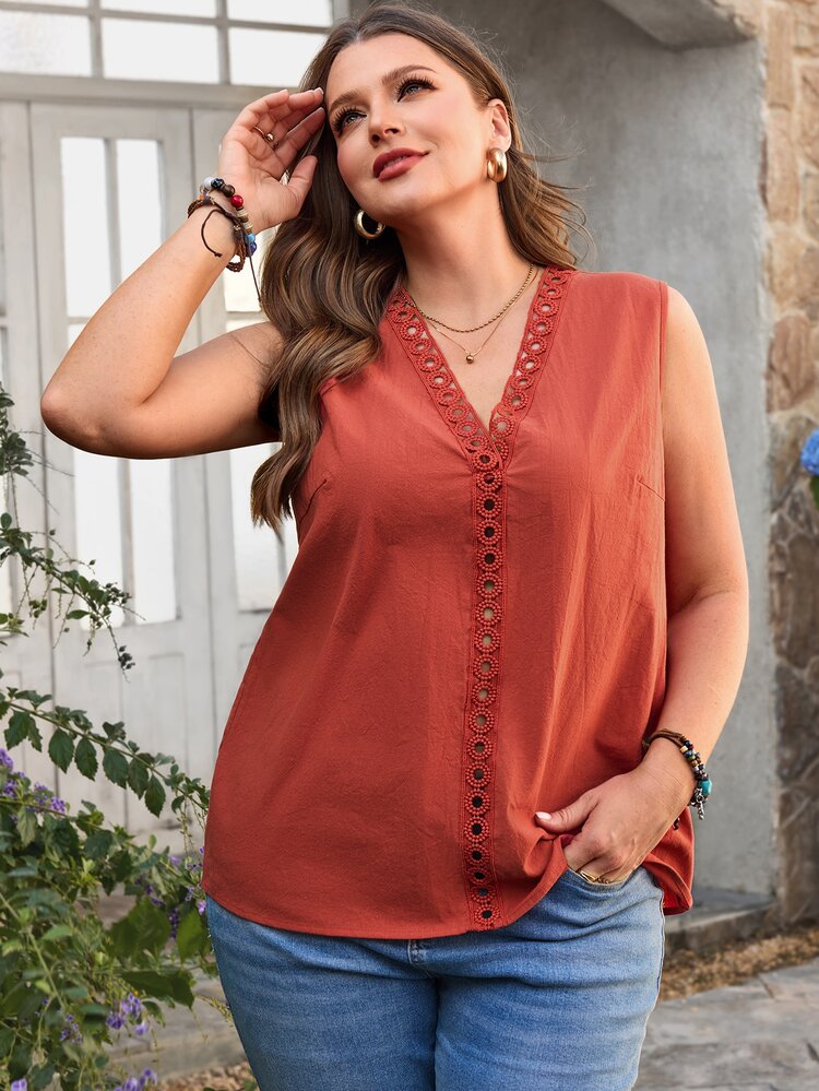 EMERY ROSE Plus Size Plus Size Burnt Orange Boho Summer Vacation Cotton Solid Color V-Neck Lace Patchwork Sleeveless Casual Shirt Ruffle Trim Relaxed Fit Top - Orange - View 5