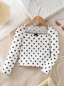 SHEIN 女童少女方領長袖蝴蝶結裝飾波點上衣 - 彩色 - 查看 3