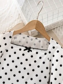 SHEIN 女童少女方領長袖蝴蝶結裝飾波點上衣 - 彩色 - 查看 5