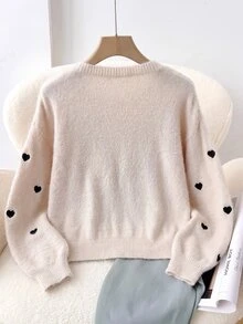SHEIN 青少年女孩秋冬款愛心圖案圓領落肩針織衫，休閒日常名人風格 - 杏色 - 查看 2