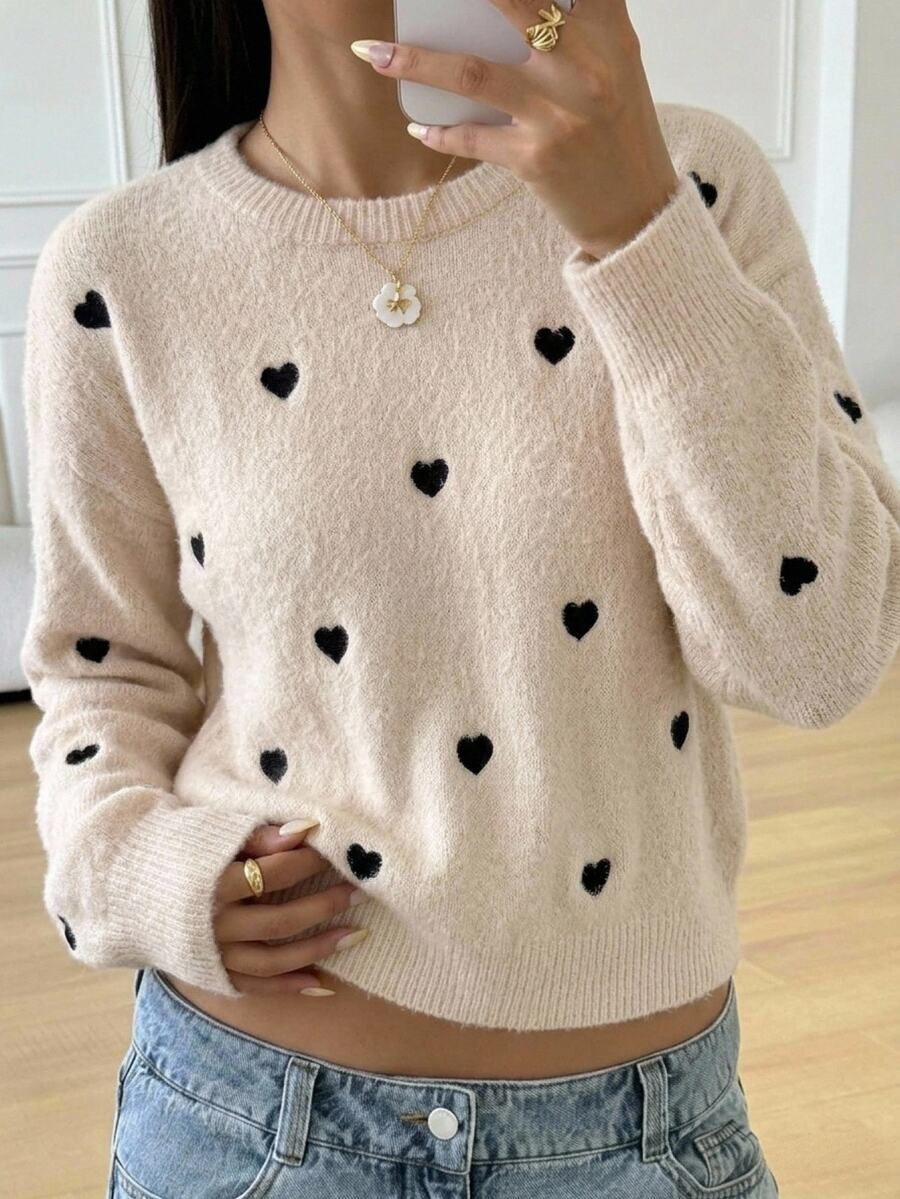 SHEIN Teen Girl Teen Girls Autumn/Winter Heart Pattern Crew Neck Drop Shoulder Sweater, Casual Everyday Celebrity Style - Apricot - View 1