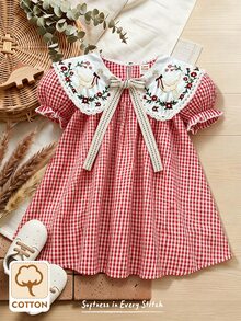 Emery Rose Kids Emery Rose Kids 女童編織純色卡通花卉刺繡彼得潘領蝴蝶結泡泡袖休閒仙女裙，適合夏季、秋季、度假、返校 - 紅色 - 查看 3