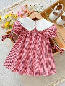 Emery Rose Kids Emery Rose Kids 女童編織純色卡通花卉刺繡彼得潘領蝴蝶結泡泡袖休閒仙女裙，適合夏季、秋季、度假、返校 - 紅色 - 查看 5