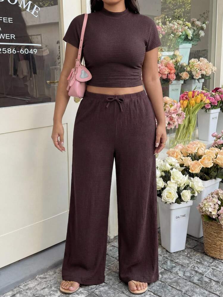 GalTyme HEIN 2pcs/Set Plus Size Women Brown Summer Curve Smart Casual Loungewear Solid Short Sleeve Tight T-Shirt And Pants,Elegant,Vacation,Work,Y2k - Brown - View 1