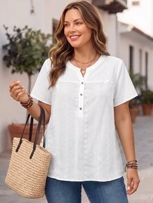 EMERY ROSE Women's Plus Size White Embroidery Patchwork Shirt,Summer Boho V-Neck Short Sleeve Casual Tops For Vacation,Holiday, Comfortable - White - View 3