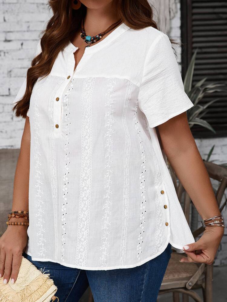 EMERY ROSE Women's Plus Size White Embroidery Patchwork Shirt,Summer Boho V-Neck Short Sleeve Casual Tops For Vacation,Holiday, Comfortable - White - View 4