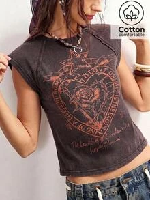 Bohemela Women's Summer Casual Heart & Rose Print T-Shirt - Brown - View 1