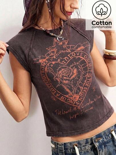 Bohemela Women's Summer Casual Heart & Rose Print T-Shirt