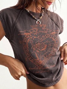 Bohemela Women's Summer Casual Heart & Rose Print T-Shirt - Brown - View 5