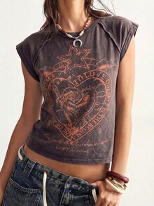 Bohemela Women's Summer Casual Heart & Rose Print T-Shirt - Brown - View 4