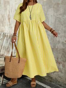 EMERY ROSE Plus Size Women's Mustard Yellow Tropical Leaf Print Round Neck Short Sleeve A-Line Midi Dress With Pocket Casual Spring Summer 2026 - Yellow - View 6