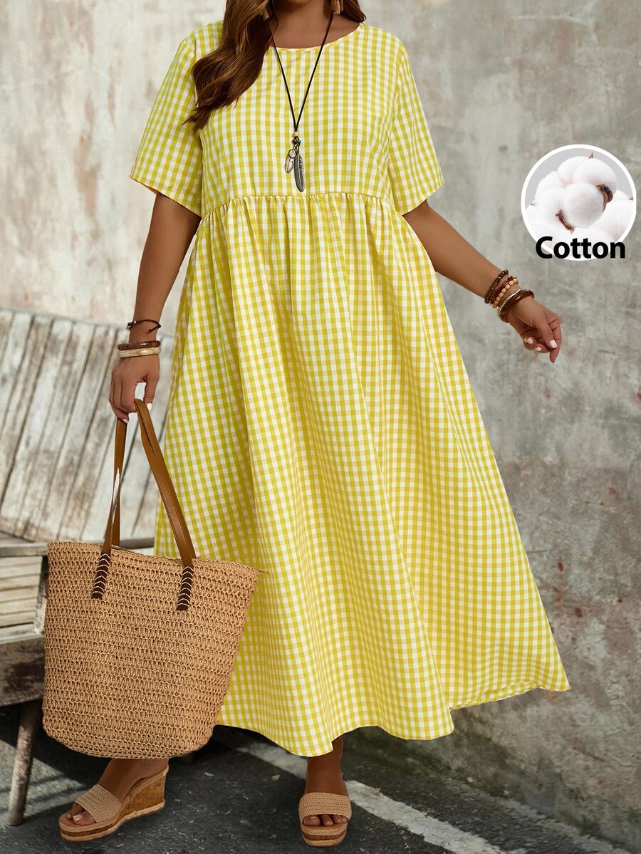 EMERY ROSE Plus Size Women's Mustard Yellow Tropical Leaf Print Round Neck Short Sleeve A-Line Midi Dress With Pocket Casual Spring Summer 2026 - Yellow - View 1