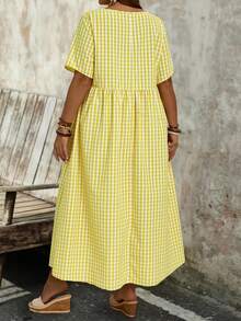 EMERY ROSE Plus Size Women's Mustard Yellow Tropical Leaf Print Round Neck Short Sleeve A-Line Midi Dress With Pocket Casual Spring Summer 2026 - Yellow - View 3