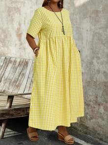 EMERY ROSE Plus Size Women's Mustard Yellow Tropical Leaf Print Round Neck Short Sleeve A-Line Midi Dress With Pocket Casual Spring Summer 2026 - Yellow - View 4