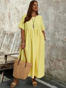 EMERY ROSE Plus Size Women's Mustard Yellow Tropical Leaf Print Round Neck Short Sleeve A-Line Midi Dress With Pocket Casual Spring Summer 2026 - Yellow - View 5