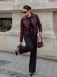 Silquee Women's Fashion Versatile Commuter Leather Jacket - Burgundy - View 2